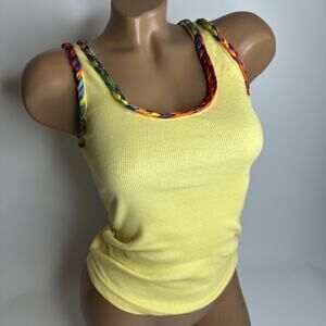 Sky USA Y2K Yellow Tank Top Rainbow Trim Braided Strap Festival Baby Tee S
